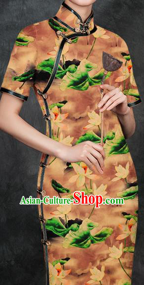 Chinese Traditional Lotus Pattern Design Khaki Satin Watered Gauze Brocade Fabric Asian Silk Fabric Material Chinese Traditional Lotus Pattern Design Khaki Satin Watered Gauze Brocade Fabric Asian Silk Fabric Material