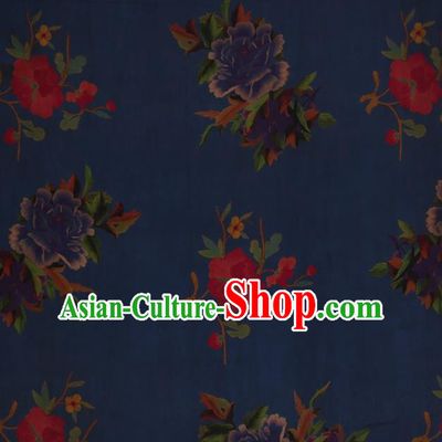 Traditional Chinese Satin Classical Peony Flowers Pattern Design Navy Watered Gauze Brocade Fabric Asian Silk Fabric Material