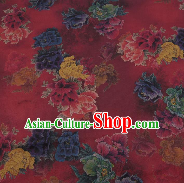 Traditional Chinese Classical Peony Pattern Design Red Satin Watered Gauze Brocade Fabric Asian Silk Fabric Material