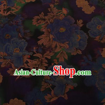 Traditional Chinese Satin Classical Blue Peony Pattern Design Watered Gauze Brocade Fabric Asian Silk Fabric Material