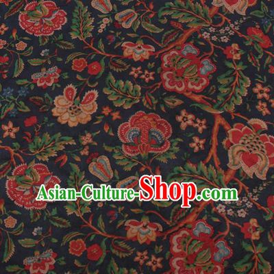 Traditional Chinese Satin Classical Twine Peony Pattern Design Navy Watered Gauze Brocade Fabric Asian Silk Fabric Material
