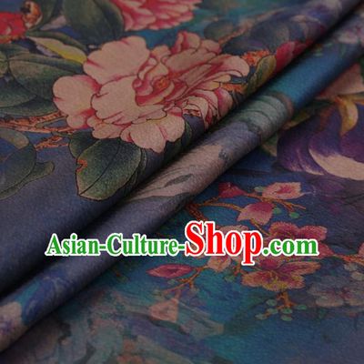 Traditional Chinese Classical Peony Pattern Design Blue Satin Watered Gauze Brocade Fabric Asian Silk Fabric Material