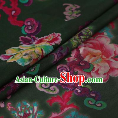 Traditional Chinese Satin Classical Peony Pattern Design Olive Green Watered Gauze Brocade Fabric Asian Silk Fabric Material