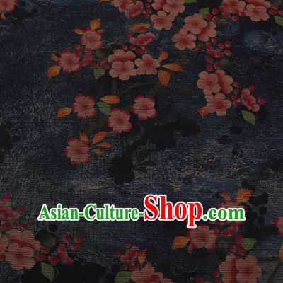 Traditional Chinese Classical Peach Flowers Pattern Design Navy Satin Watered Gauze Brocade Fabric Asian Silk Fabric Material