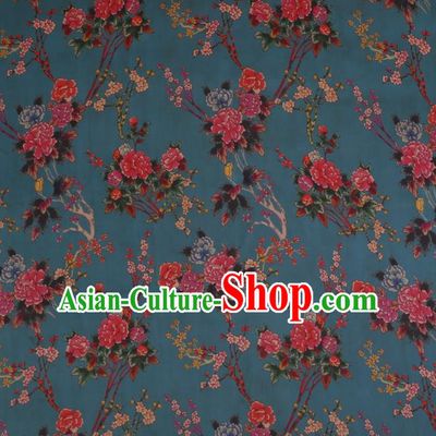 Traditional Chinese Classical Peony Pattern Design Peacock Blue Satin Watered Gauze Brocade Fabric Asian Silk Fabric Material
