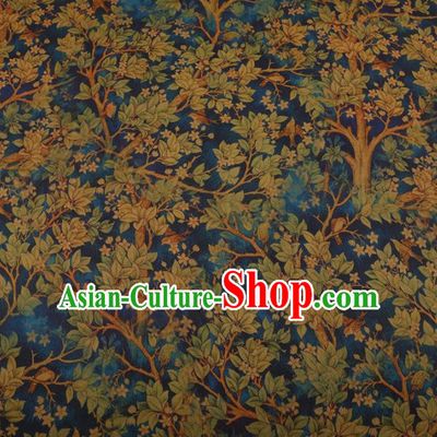 Traditional Chinese Classical Branch Leaf Pattern Design Blue Satin Watered Gauze Brocade Fabric Asian Silk Fabric Material