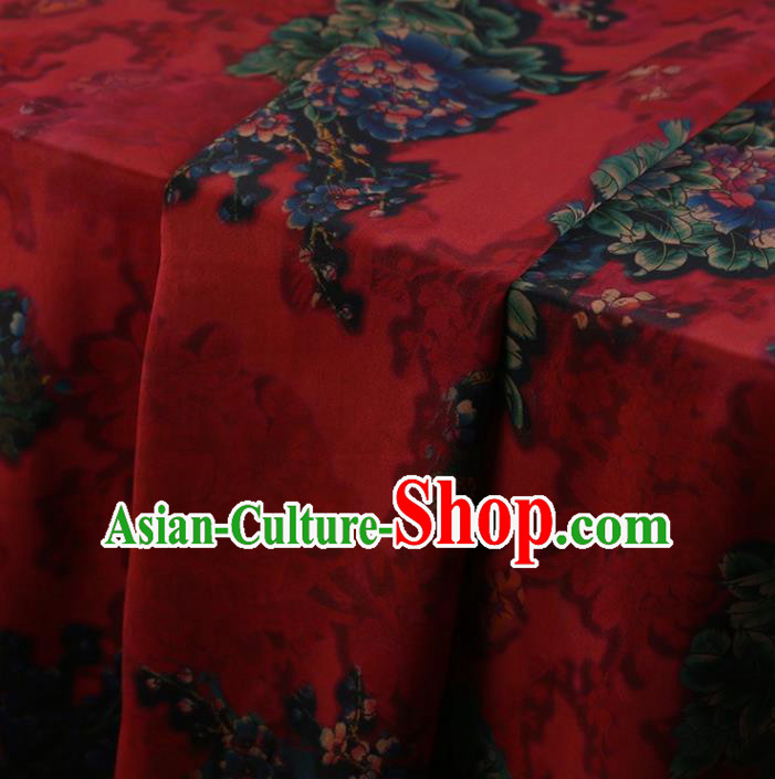 Traditional Chinese Classical Peony Pattern Design Red Satin Watered Gauze Brocade Fabric Asian Silk Fabric Material