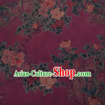 Traditional Chinese Classical Peony Flowers Pattern Design Purple Satin Watered Gauze Brocade Fabric Asian Silk Fabric Material