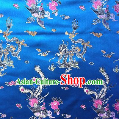 Chinese Classical Dragon Phoenix Pattern Design Blue Brocade Asian Traditional Hanfu Silk Fabric Tang Suit Fabric Material