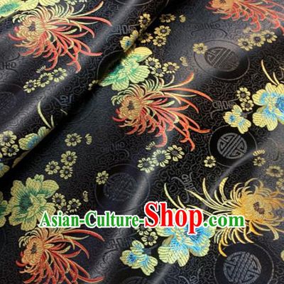 Chinese Classical Chrysanthemum Peony Pattern Design Black Brocade Drapery Asian Traditional Tang Suit Silk Fabric Material