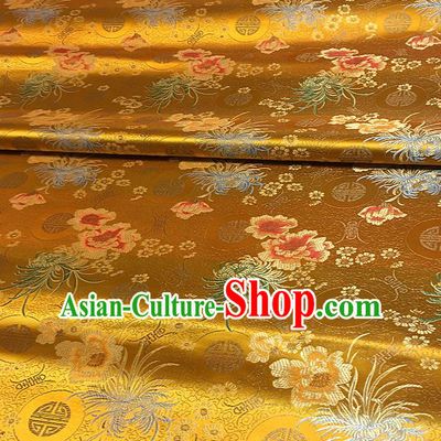Chinese Classical Chrysanthemum Peony Pattern Design Golden Brocade Drapery Asian Traditional Tang Suit Silk Fabric Material