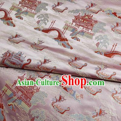 Traditional Chinese Classical Dragon Boat Pattern Design Fabric Pink Brocade Tang Suit Satin Drapery Asian Silk Material