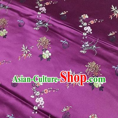 Traditional Chinese Classical Plum Orchid Bamboo Chrysanthemum Pattern Design Fabric Purple Brocade Tang Suit Satin Drapery Asian Silk Material