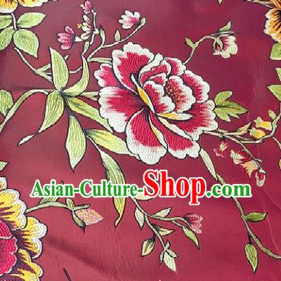 Traditional Chinese Classical Peony Pattern Design Wedding Brocade Wine Red Satin Drapery Asian Tang Suit Silk Fabric Material