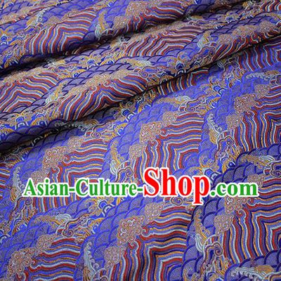 Traditional Chinese Classical Sea Waves Pattern Design Fabric Deep Blue Brocade Tang Suit Satin Drapery Asian Silk Material
