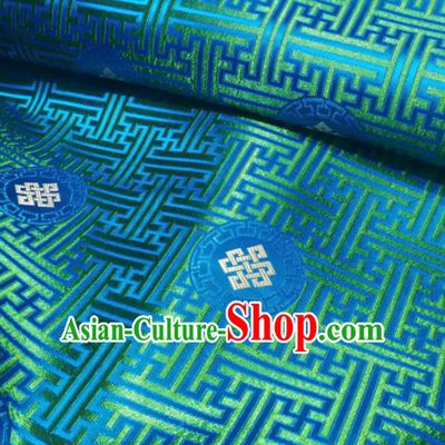 Asian Chinese Classical Lucky Knots Pattern Design Blue Brocade Fabric Traditional Tang Suit Satin Drapery Silk Material