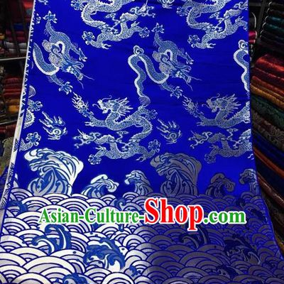 Asian Chinese Royal Wave Dragon Pattern Design Royalblue Brocade Fabric Traditional Tang Suit Satin Classical Drapery Silk Material