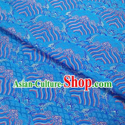 Traditional Chinese Classical Sea Waves Pattern Design Fabric Blue Brocade Tang Suit Satin Drapery Asian Silk Material