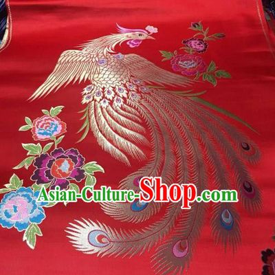 Asian Chinese Wedding Red Satin Classical Phoenix Pattern Design Brocade Mongolian Robe Fabric Traditional Drapery Silk Material