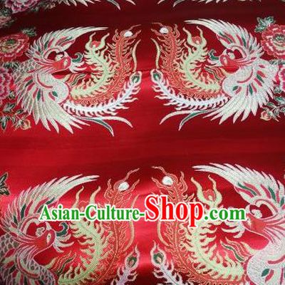 Asian Chinese Dress Beige Satin Classical Phoenix Pattern Design Red Brocade Fabric Traditional Drapery Silk Material