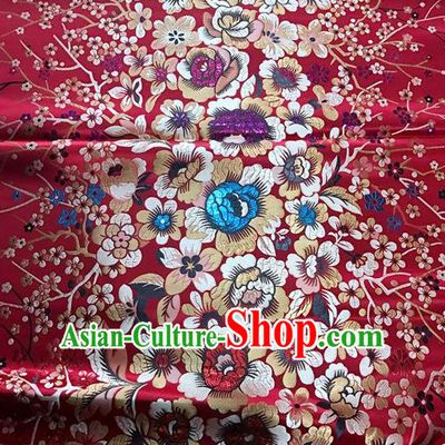 Asian Chinese Dress Wine Red Satin Classical Rich Flowers Pattern Design Red Brocade Fabric Traditional Drapery Silk Material