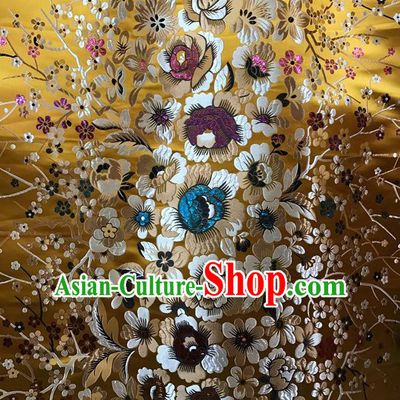 Asian Chinese Cheongsam Satin Classical Flowers Pattern Design Golden Brocade Fabric Traditional Drapery Silk Material
