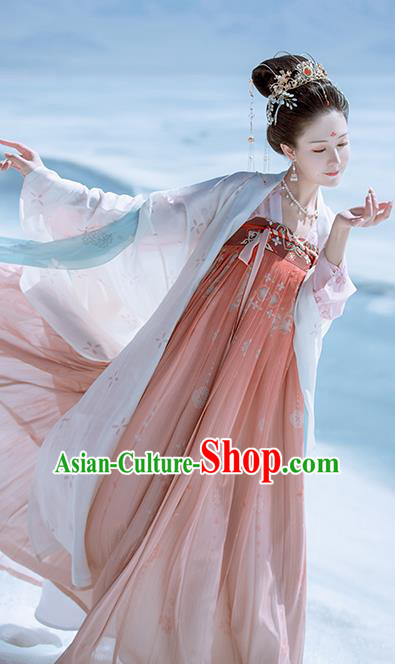 Traditional Chinese Ancient Peri Embroidered Historical Costume Tang Dynasty Imperial Consort Hanfu Dress for Women