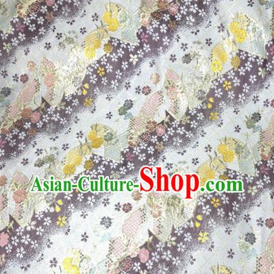 Asian Japanese Kimono Fabric Classical Fan Pattern Design White Brocade Traditional Drapery Silk Material