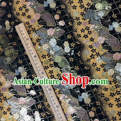 Asian Japanese Kimono Fabric Classical Fan Pattern Design Golden Brocade Traditional Drapery Silk Material
