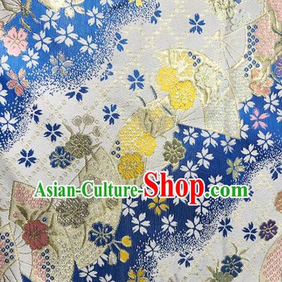 Asian Japanese Kimono Fabric Classical Fan Pattern Design Deep Blue Brocade Traditional Drapery Silk Material