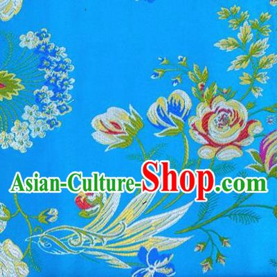 Asian Chinese Fabric Blue Satin Classical Flowers Bird Pattern Design Brocade Traditional Drapery Silk Material