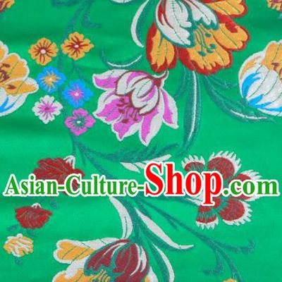 Asian Chinese Fabric Green Satin Classical Tulip Pattern Design Brocade Traditional Drapery Silk Material