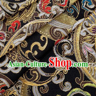 Asian Japanese Kimono Fabric Classical Pattern Design Black Brocade Traditional Drapery Silk Material