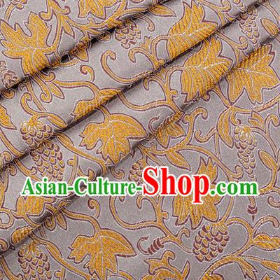 Asian Japanese Kimono Fabric Classical Grape Pattern Design Grey Brocade Traditional Drapery Silk Material
