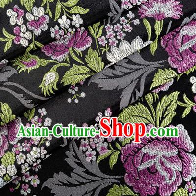 Asian Japanese Kimono Fabric Classical Peony Pattern Design Black Brocade Traditional Drapery Silk Material