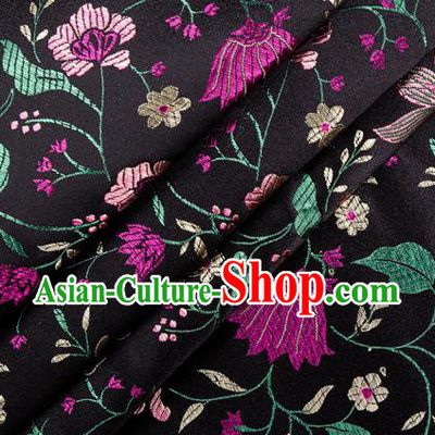 Asian Chinese Classical Embroidered Flowers Pattern Design Black Satin Fabric Brocade Traditional Drapery Silk Material