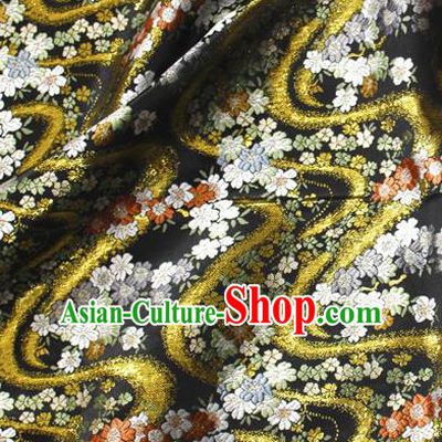 Asian Japanese Kimono Black Satin Fabric Classical Sakura Pattern Design Brocade Traditional Drapery Silk Material