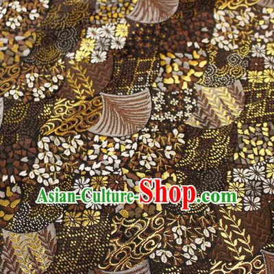Asian Japanese Kimono Brown Satin Fabric Classical Fan Pattern Design Brocade Traditional Drapery Silk Material