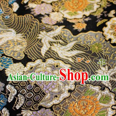 Asian Japanese Kimono Satin Fabric Classical Sunflowers Pattern Design Black Brocade Damask Traditional Drapery Silk Material
