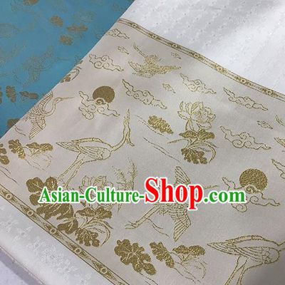 Chinese Hanfu Dress White Brocade Classical Crane Lotus Pattern Design Satin Fabric Asian Traditional Drapery Silk Material