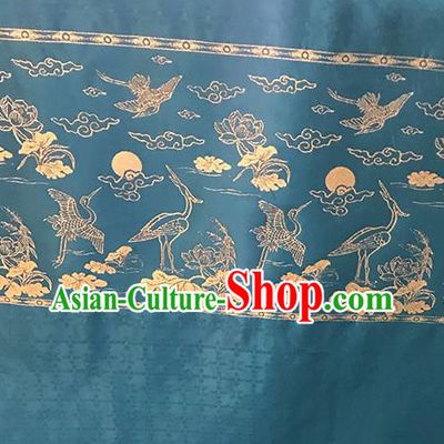 Chinese Hanfu Dress Peacock Blue Brocade Classical Crane Lotus Pattern Design Satin Fabric Asian Traditional Drapery Silk Material