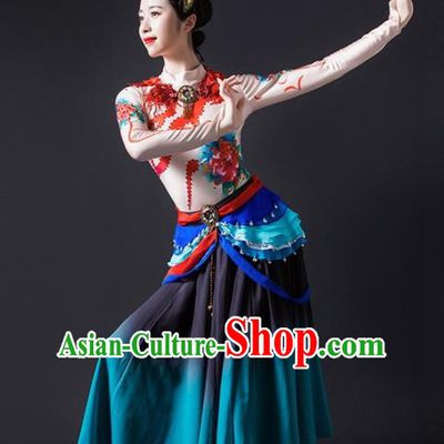Chinese Traditional Dance Bichunmoo Blue Dress Classical Dance Stage Performance Costume for Women