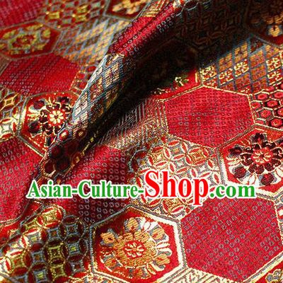 Asian Japanese Classical Tortoise Shell Pattern Design Red Brocade Kimono Satin Fabric Damask Traditional Drapery Silk Material