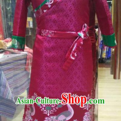Chinese Traditional Zang Nationality Female Dress Rosy Tibetan Robe Ethnic Dance Costume for Women