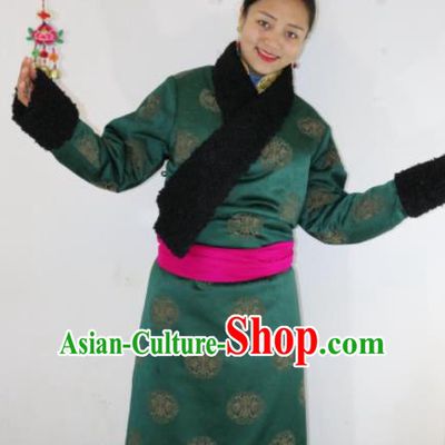 Chinese Traditional Zang Nationality Female Dress Green Tibetan Robe Ethnic Dance Costume for Women