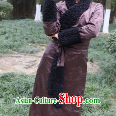 Chinese Traditional Zang Nationality Female Dress Deep Purple Tibetan Robe Ethnic Dance Costume for Women