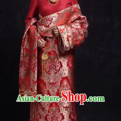 Chinese Traditional Ethnic Bride Red Tibetan Robe Zang Nationality Female Dress Costume for Women
