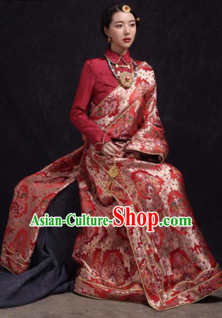 Chinese Traditional Ethnic Bride Red Tibetan Robe Zang Nationality Female Dress Costume for Women Chinese Traditional Ethnic Bride Red Tibetan Robe Zang Nationality Female Dress Costume for Women