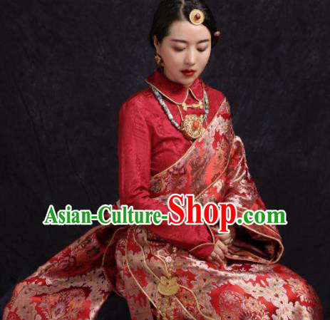 Chinese Traditional Ethnic Bride Red Tibetan Robe Zang Nationality Female Dress Costume for Women Chinese Traditional Ethnic Bride Red Tibetan Robe Zang Nationality Female Dress Costume for Women