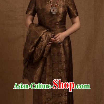 Chinese Traditional Ethnic Bride Tibetan Robe Zang Nationality Female Bronze Dress Costume for Women